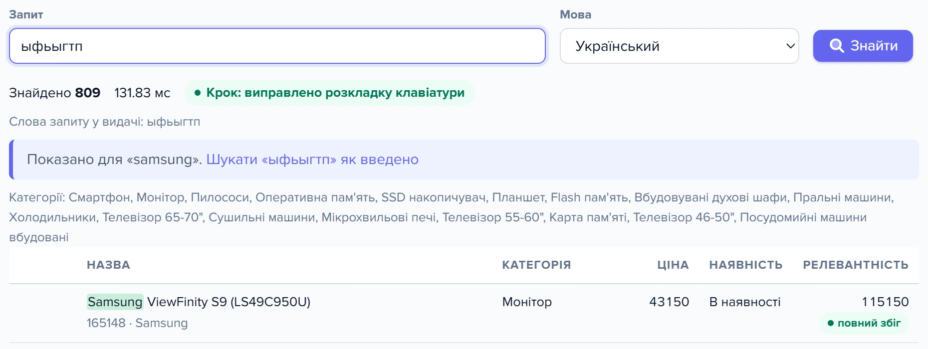 Запит «ыфьыгтп» виправлено на «samsung»: плашка «Показано для» і товари Samsung