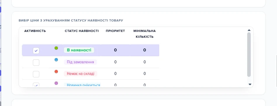 Картка «Вибір ціни з урахуванням статусу наявності товару» у налаштуваннях оновлення базового каталогу