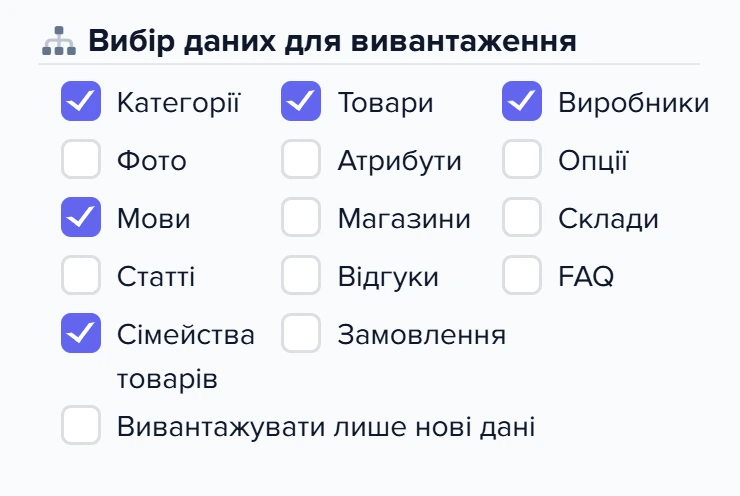 Блок «Вибір даних для вивантаження» з галочкою «Мови»