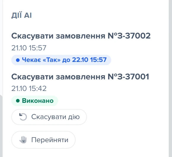 Блок «Дії AI» у правій панелі звернення з двома діями над замовленнями