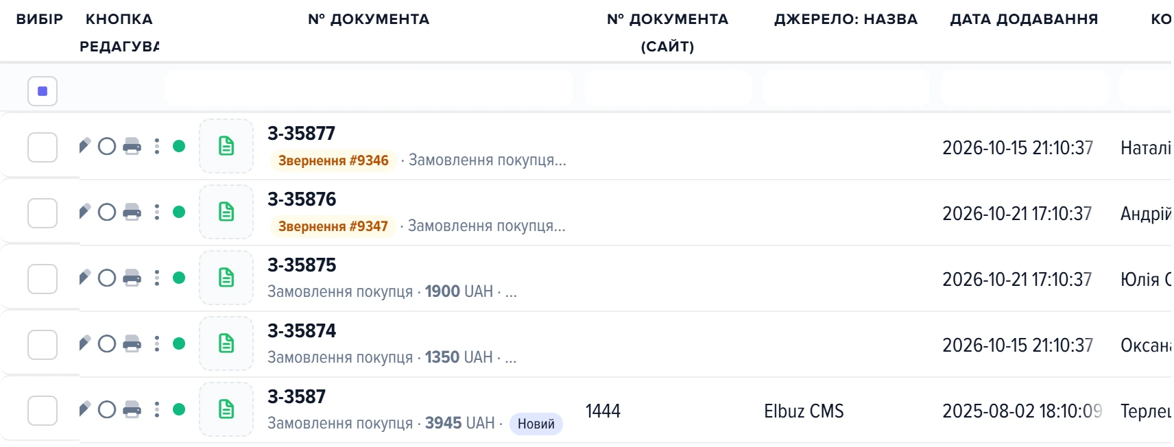 Список замовлень: чип «Звернення #9346» під номером замовлення