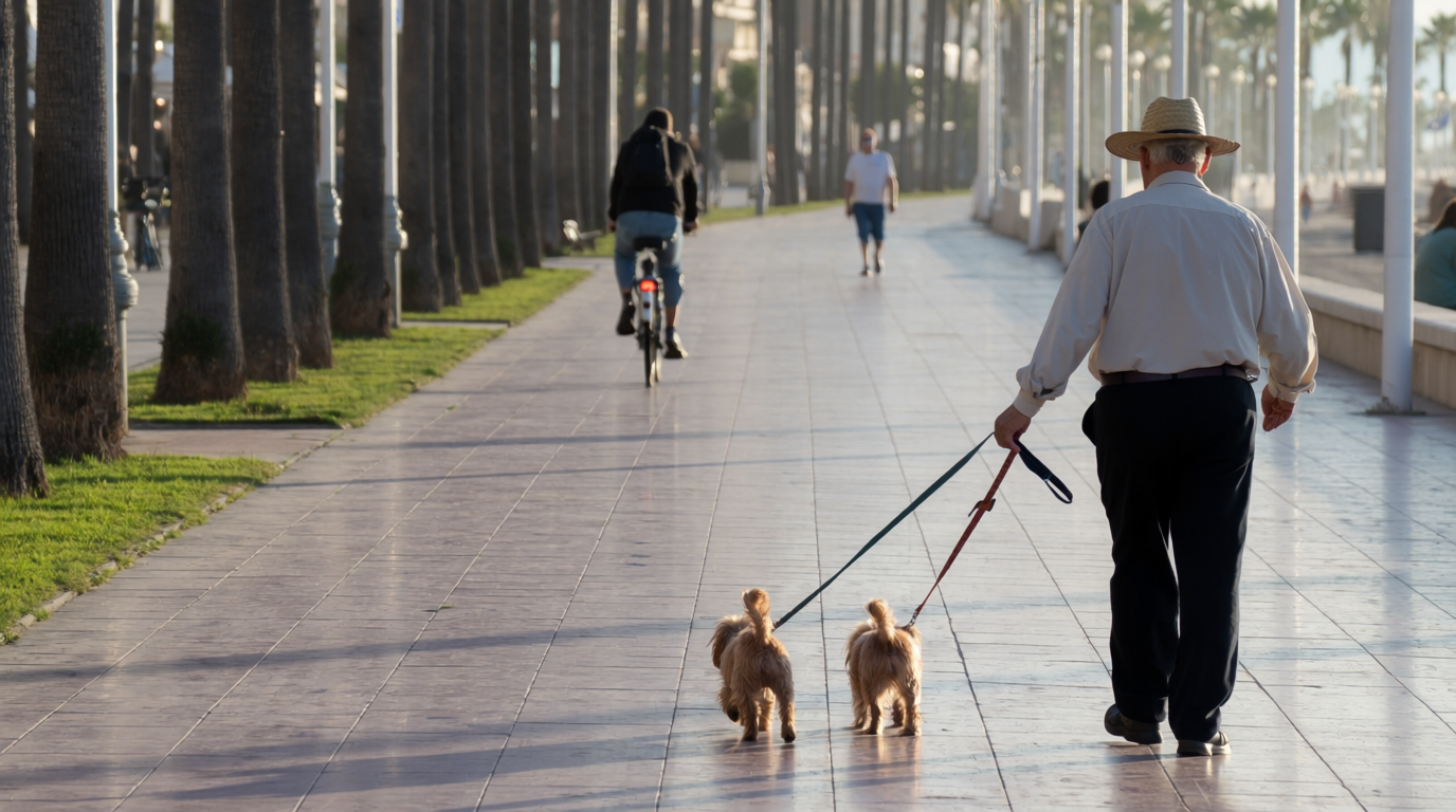 Man walking dogs along the Benalmádena promenade in early morning light