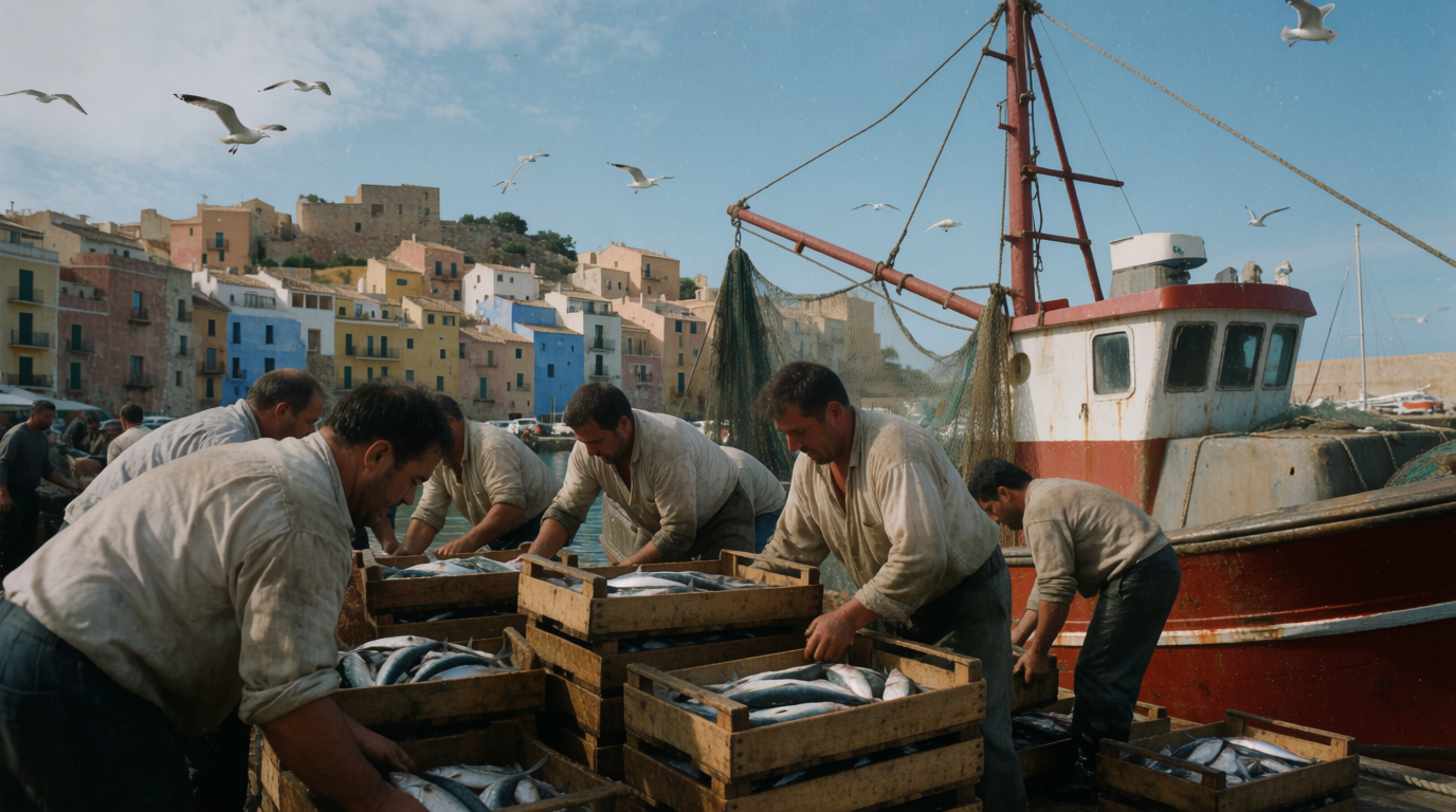 Fishermen unloading the morning catch at Villajoyosa harbour with the old town behind