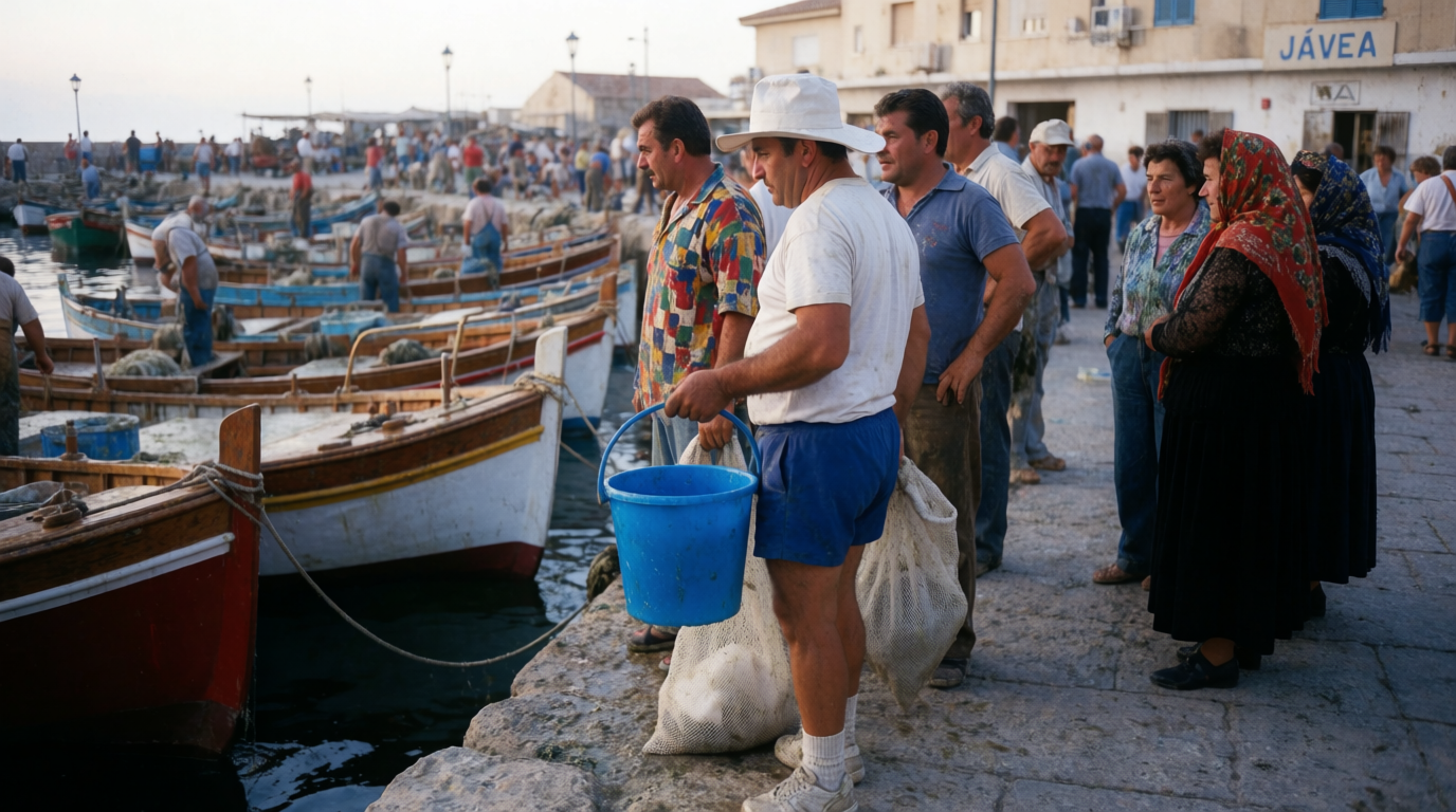 Early morning at the fishing port in Jávea with moored boats and stacked crates