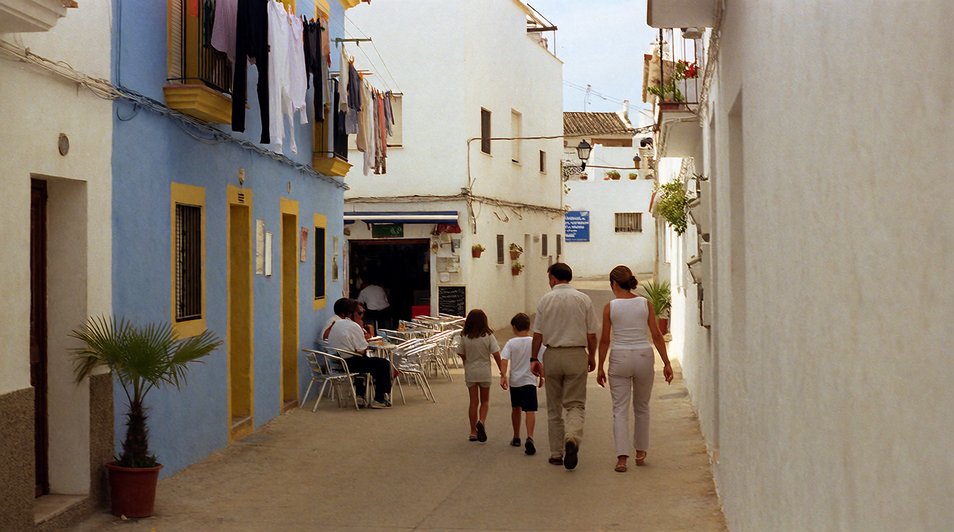 A family walking through a whitewashed street in the Los Boliches neighbourhood