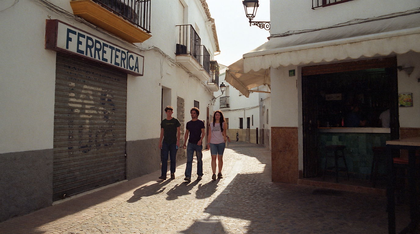 Friends walking a quiet whitewashed street past shuttered shops at lunchtime.