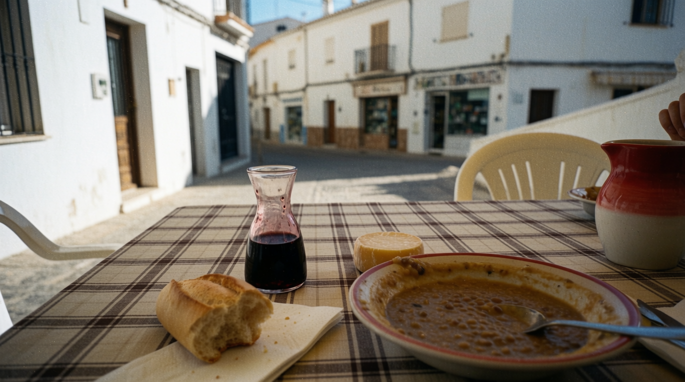 A simple menu del día lunch laid out on a checked tablecloth at a village bar.