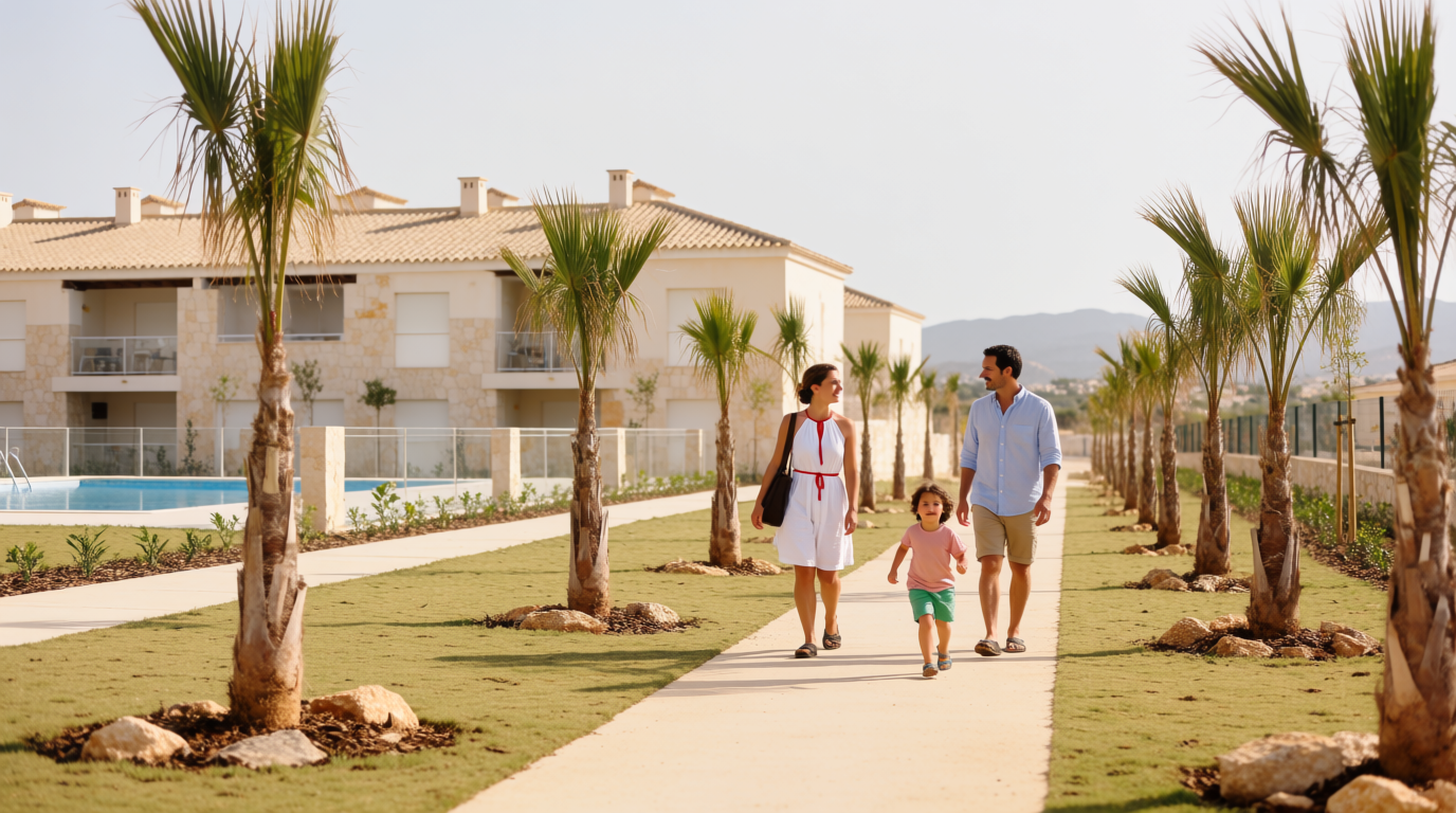 A family walking through a newly landscaped golf-valley housing development near Mijas