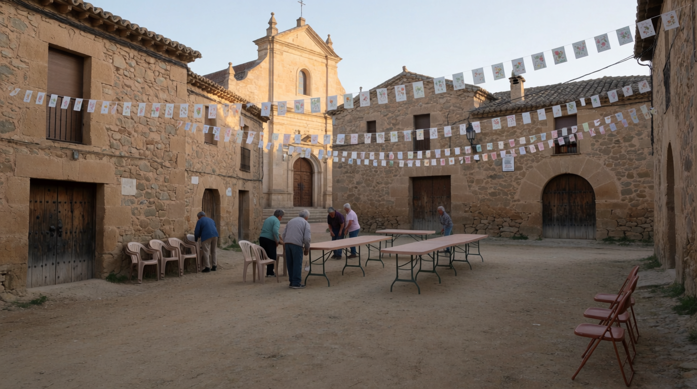 Neighbours setting up trestle tables and bunting in a town square before a local fiesta