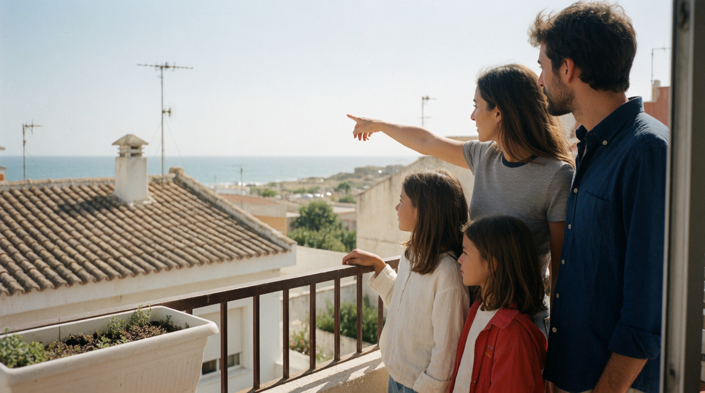 A family looking out from a terrace toward the sea near Rincón de la Victoria