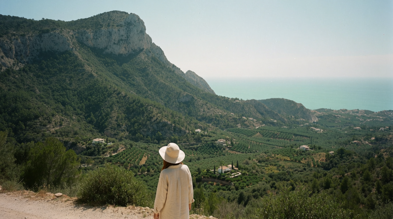 Walker on a path below the Montgó mountain above Jávea with orange groves below