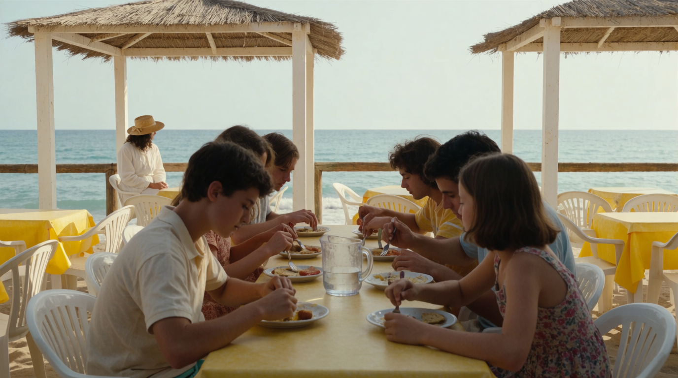 Friends finishing a long lunch at a beachside chiringuito near Malaga