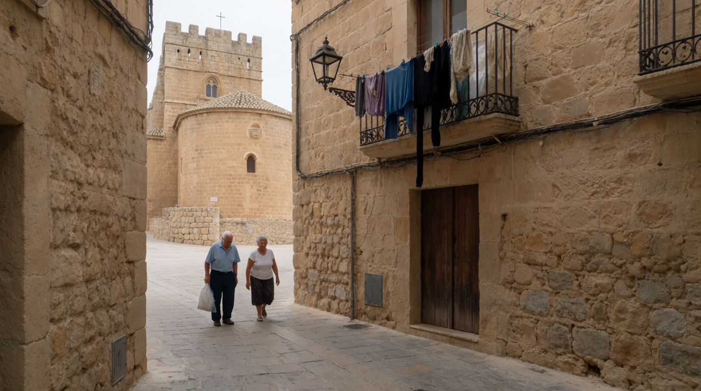 Two locals walking past the sandstone church in Jávea's old town