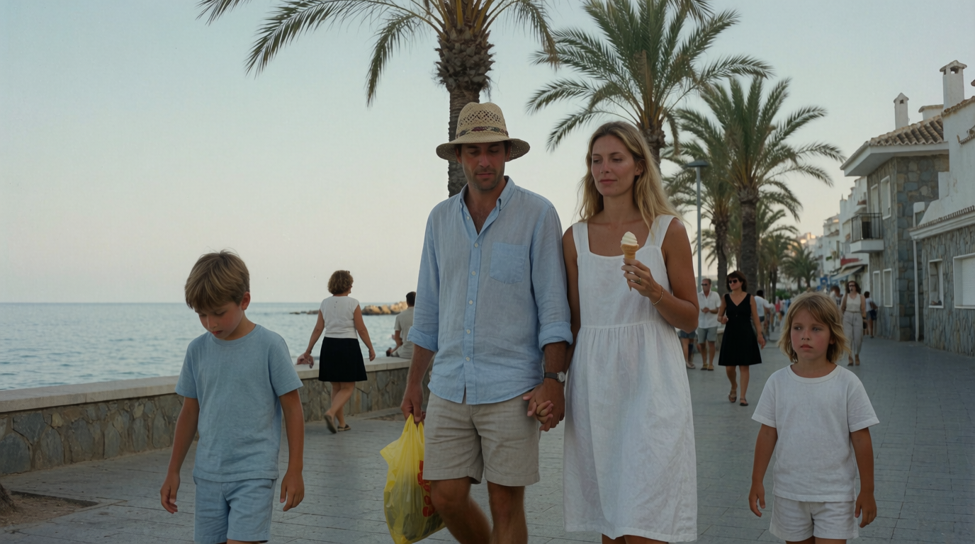 A family walking the palm-lined seafront promenade at dusk in Torre del Mar
