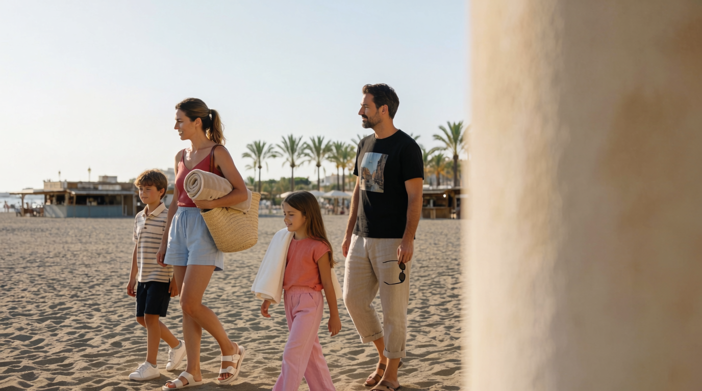 A family walking along Playa Centro beach in Villajoyosa in the late afternoon