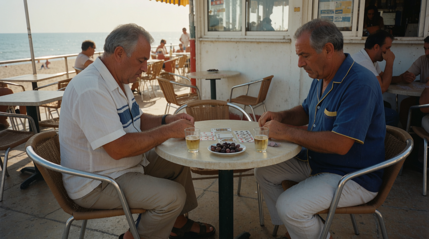 Two men playing cards at a seafront terrace table in Fuengirola