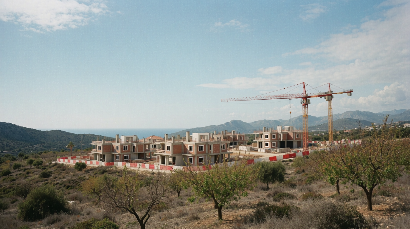 Construction cranes above part-built villas on the hillside near Orihuela Costa