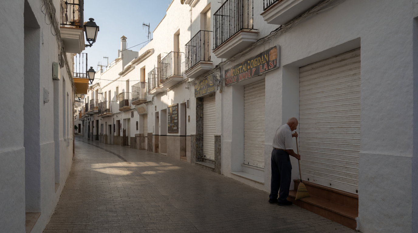 A near empty whitewashed street with shutters down during a quiet midweek afternoon