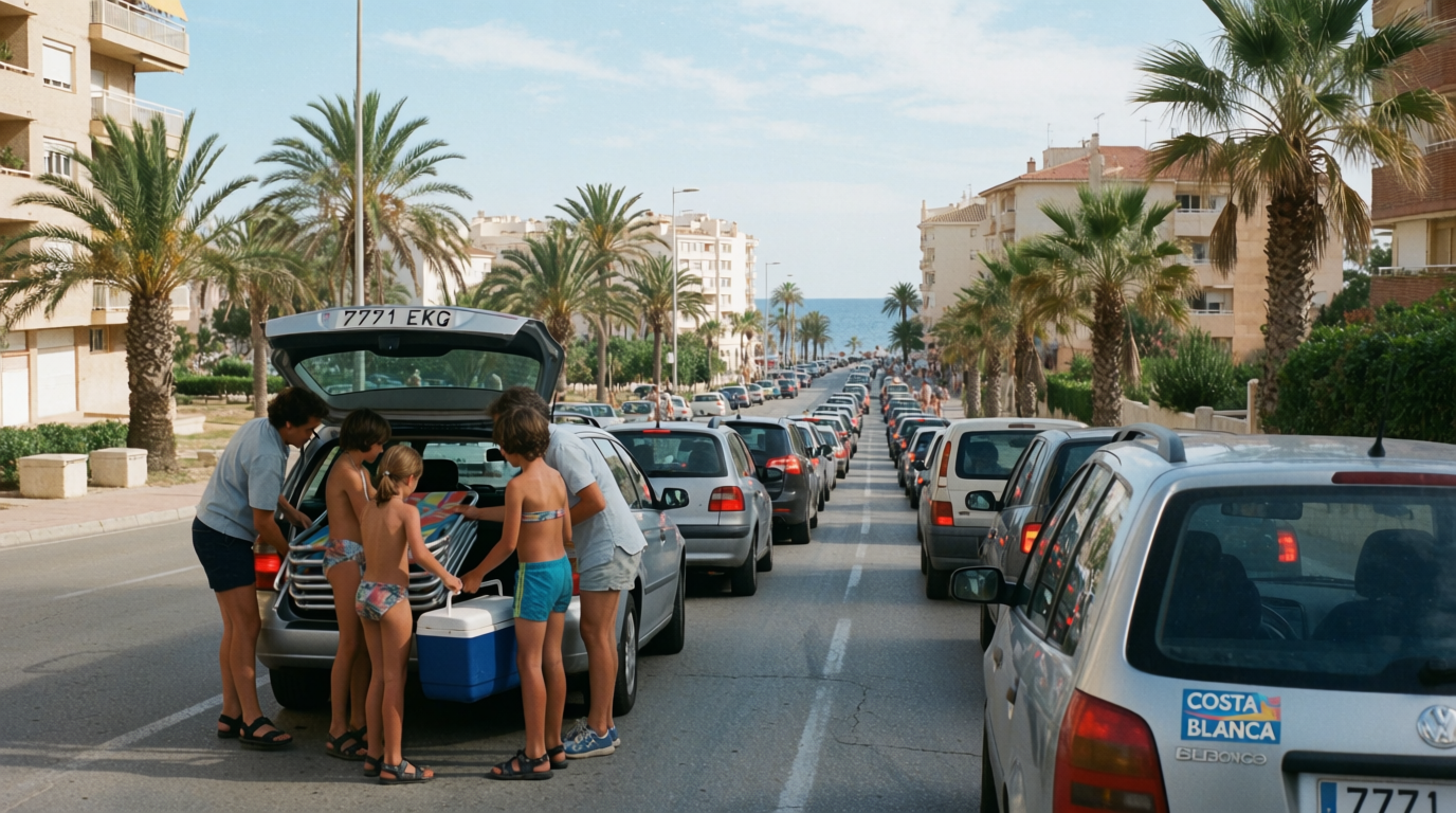 Cars queued along a palm lined coastal road as a family loads beach gear into a car
