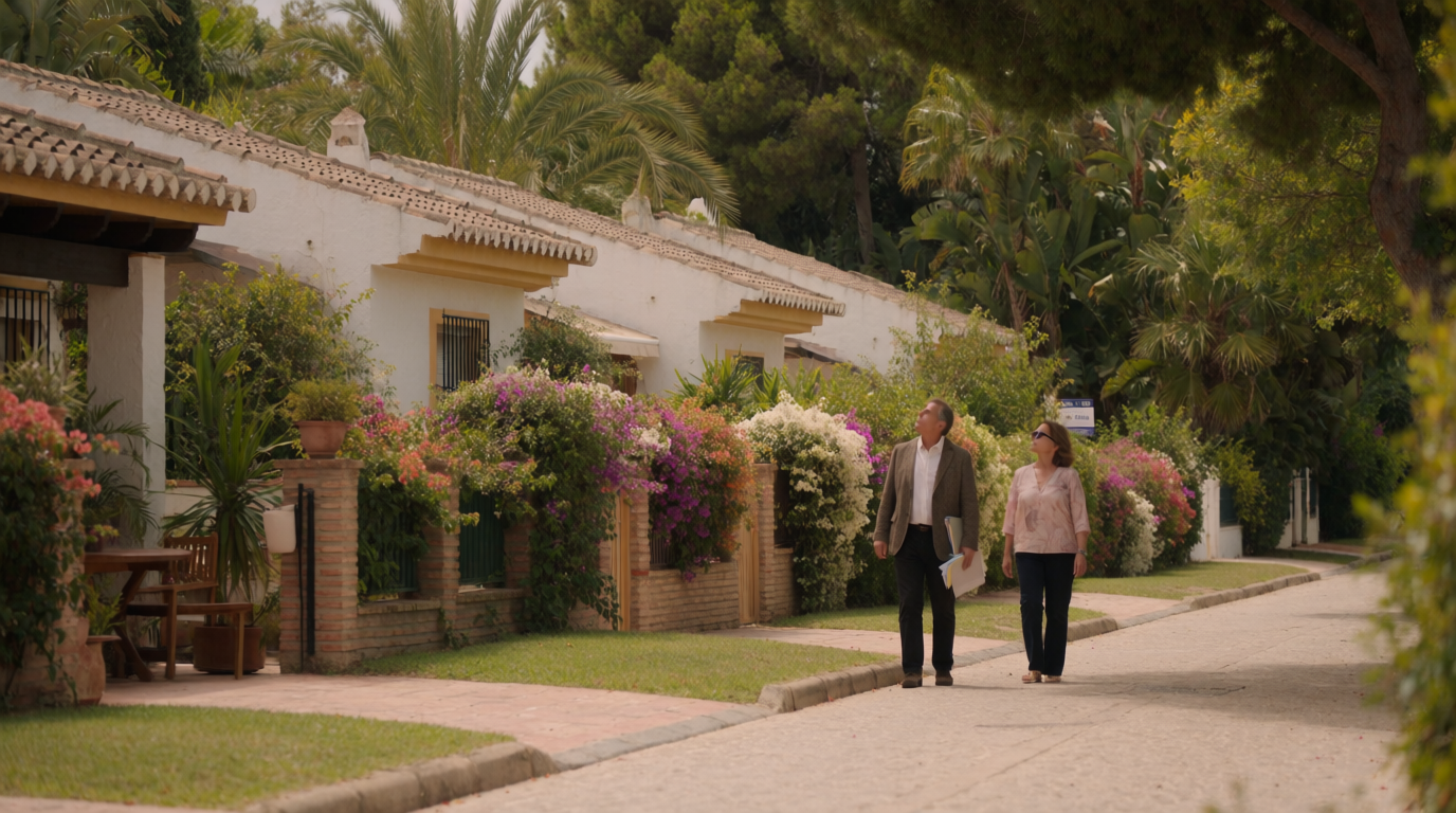 A couple walking a quiet white-villa street in Estepona on a house viewing