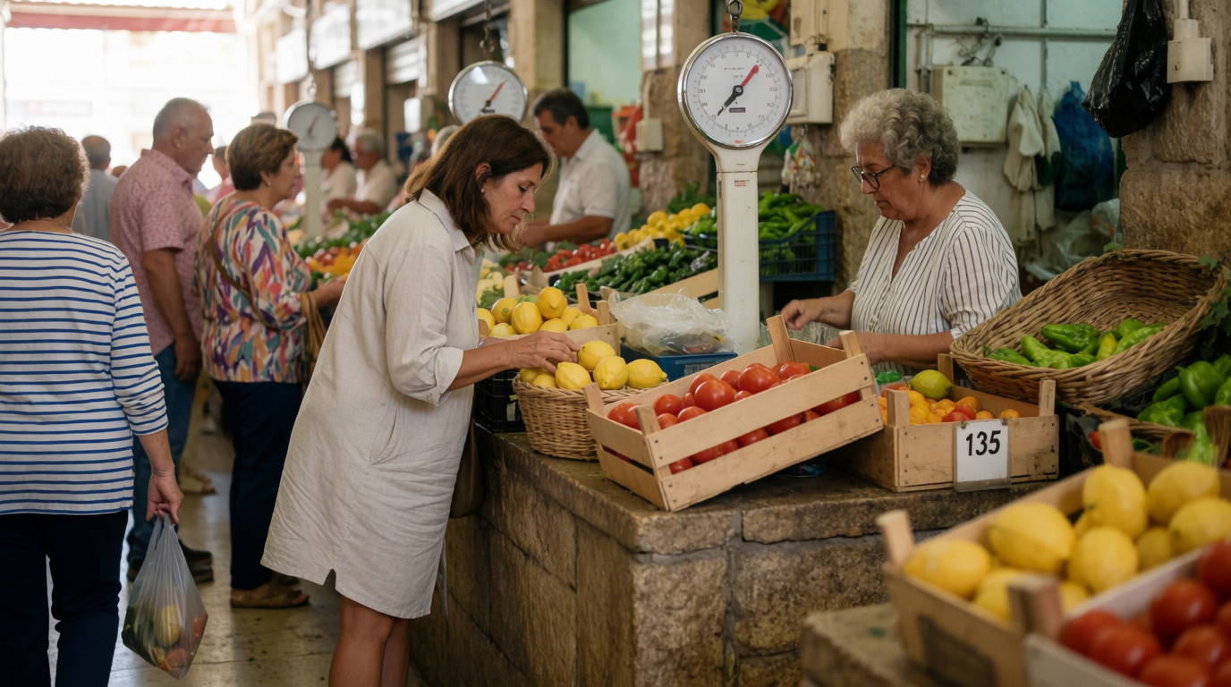 Shoppers browsing fresh produce at a covered market hall in Fuengirola