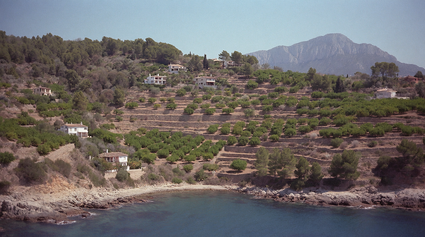 Terraced hillside villas and orange groves above a cove near Jávea