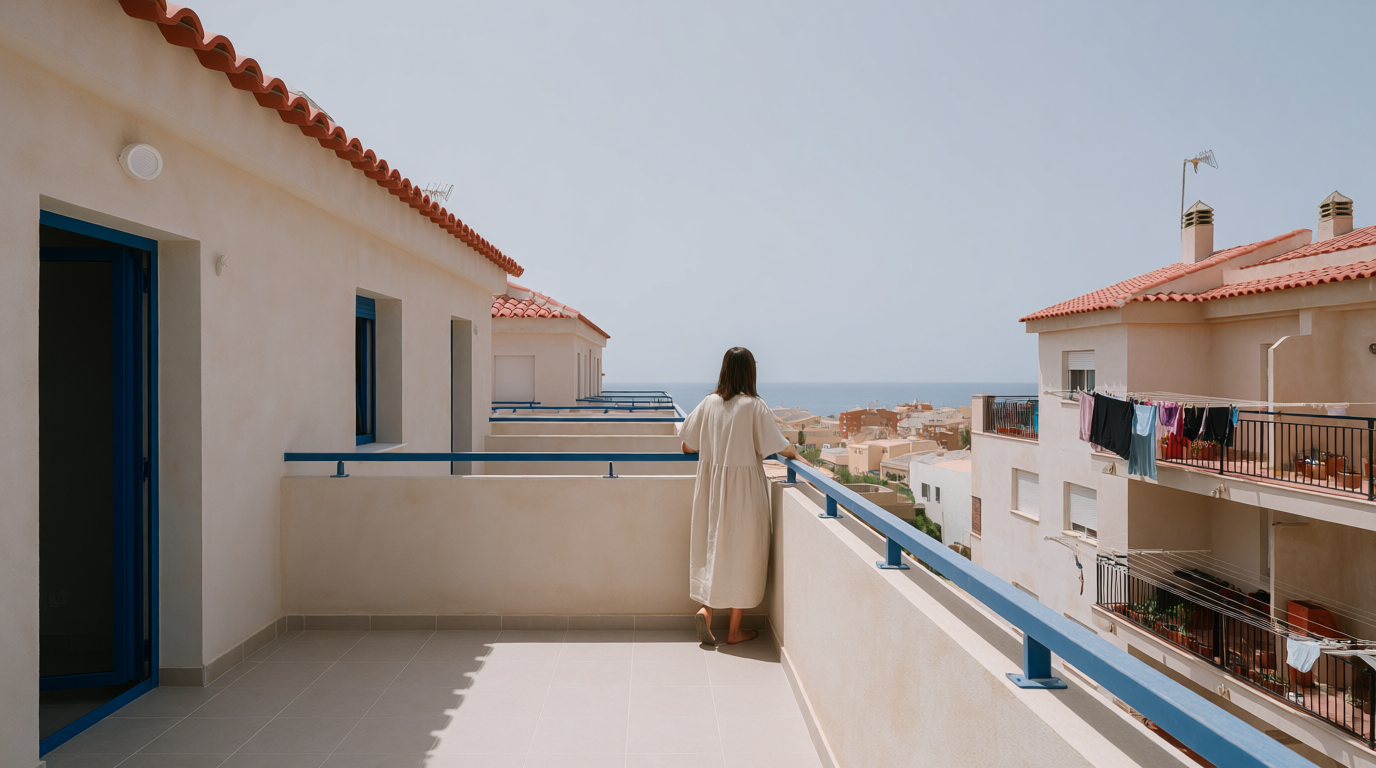 A woman looking out from the terrace of a newly finished apartment in Jávea