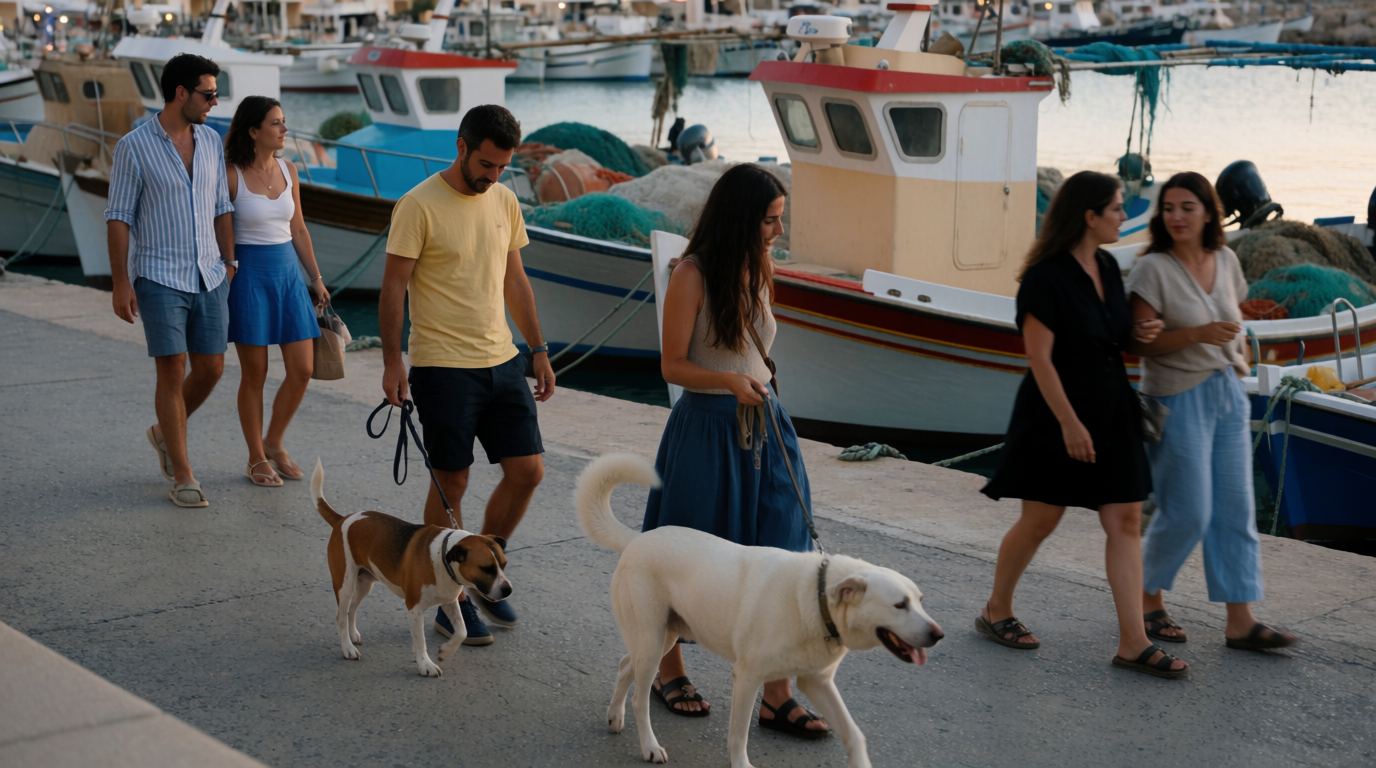 Friends walking dogs along the port promenade in Dénia at dusk