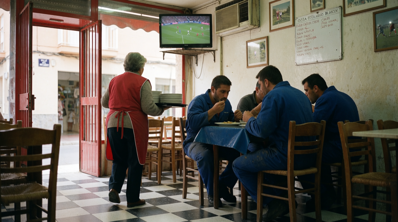 A family-run comedor serving workmen a weekday set lunch near a market town.