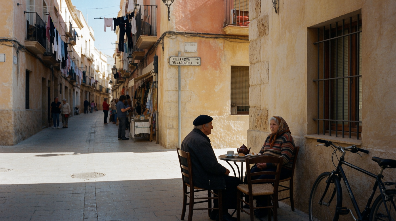 An older couple having coffee outside a bakery in Villajoyosa's old town