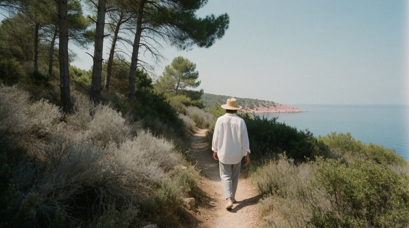 A walker on a coastal path above the cliffs near Moraira
