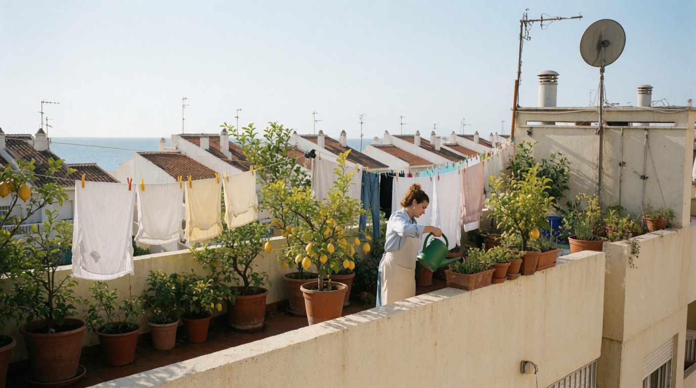 A woman watering plants on a rooftop communal terrace overlooking Jávea's rooftops and sea.