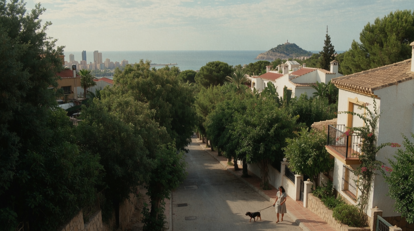 A villa street climbing the hillside above Albir toward the sea