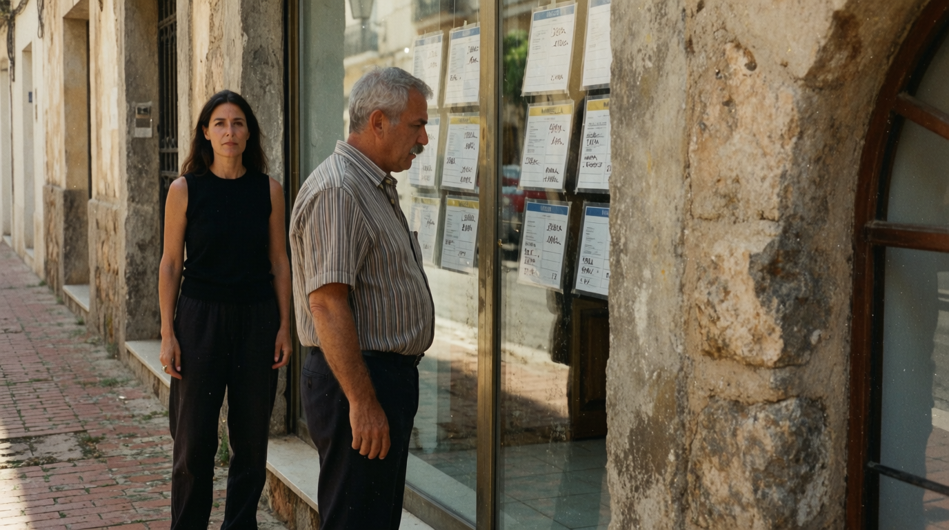 A couple pausing to read property listings in a shop window in Marbella old town