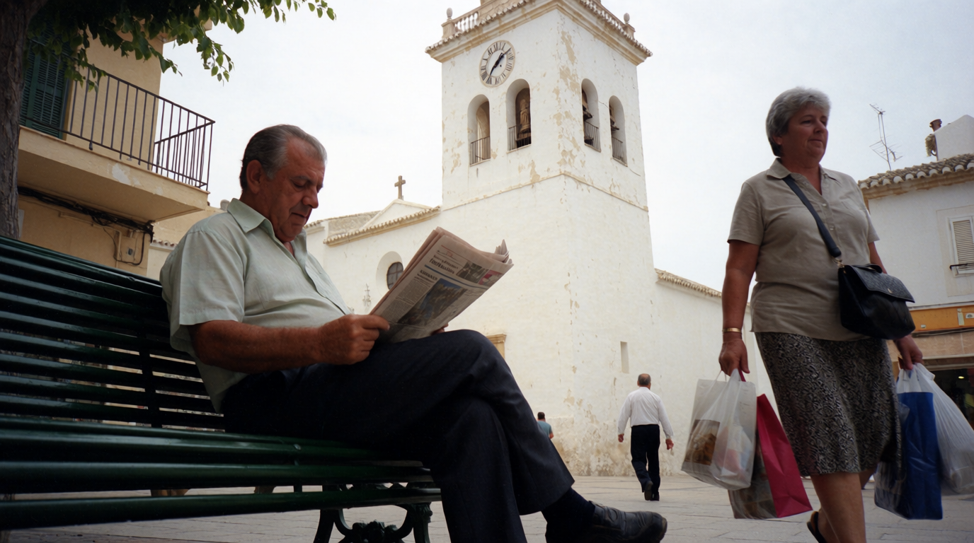 A man reading on a bench in a quiet plaza in Jávea's old town