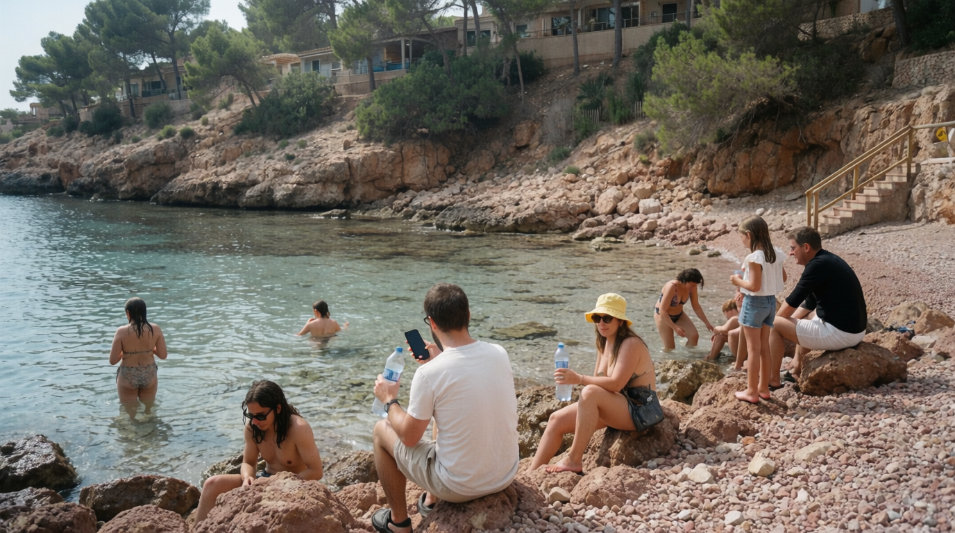 A family and swimmers at a quiet rocky cove near Moraira