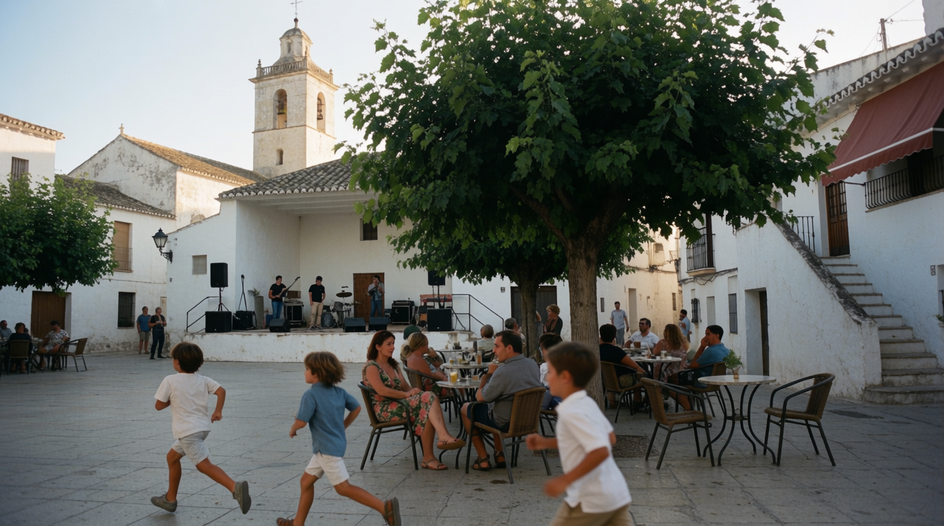 Children playing in a whitewashed village plaza while adults sit at café tables