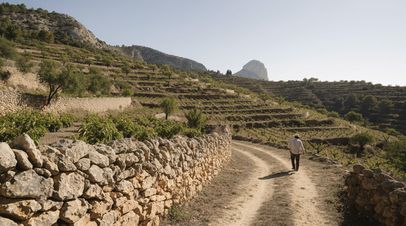 A walker on a terraced hillside path above Benissa with distant coastal view