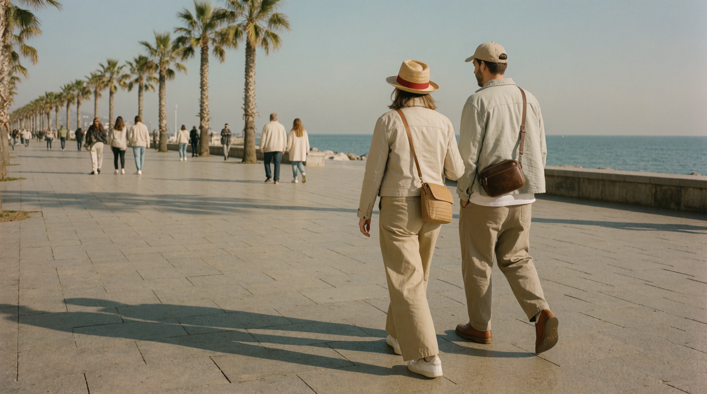 Et par går tur på den stille strandpromenade i Fuengirola om vinteren