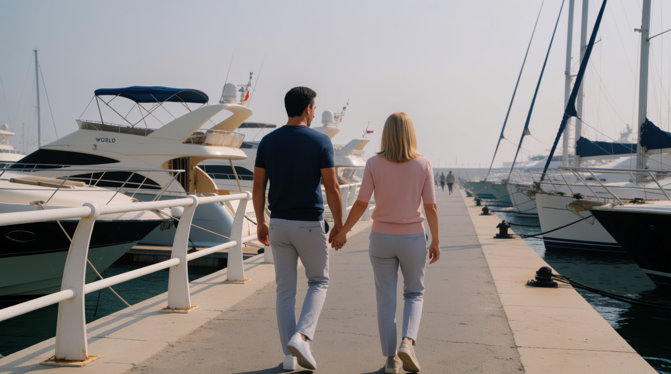 A couple walking along a marina promenade near Marbella at midday