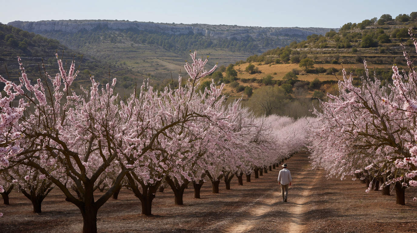 En vandrer blandt mandelblomster i Jalón-dalen, inde i landet fra Costa Blanca