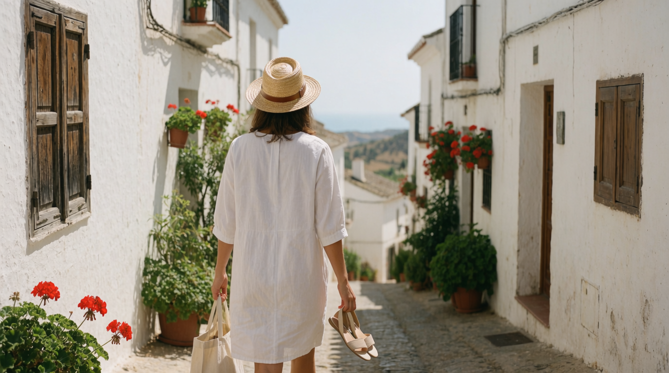 En kvinde på vej ad en hvidkalket gade i Casares gamle bydel
