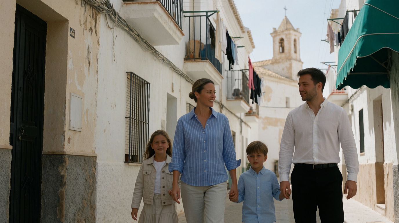 A family walking through Calpe's old town streets