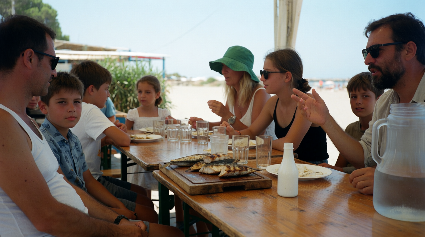 Friends sharing a long seaside lunch at a beach restaurant near Denia
