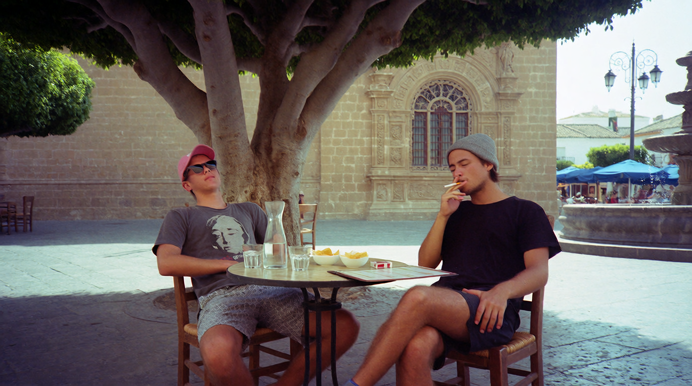 Two friends resting at a shaded plaza table in the quiet of the afternoon