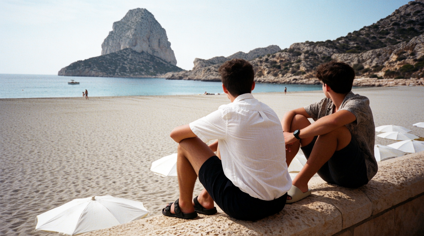 Two friends sitting on a seawall above an empty beach at Calpe with the Peñón behind