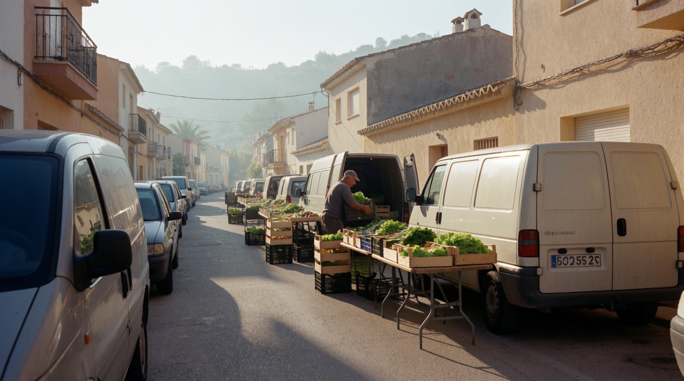 Market vans and stalls being set up at dawn in a Spanish hill village