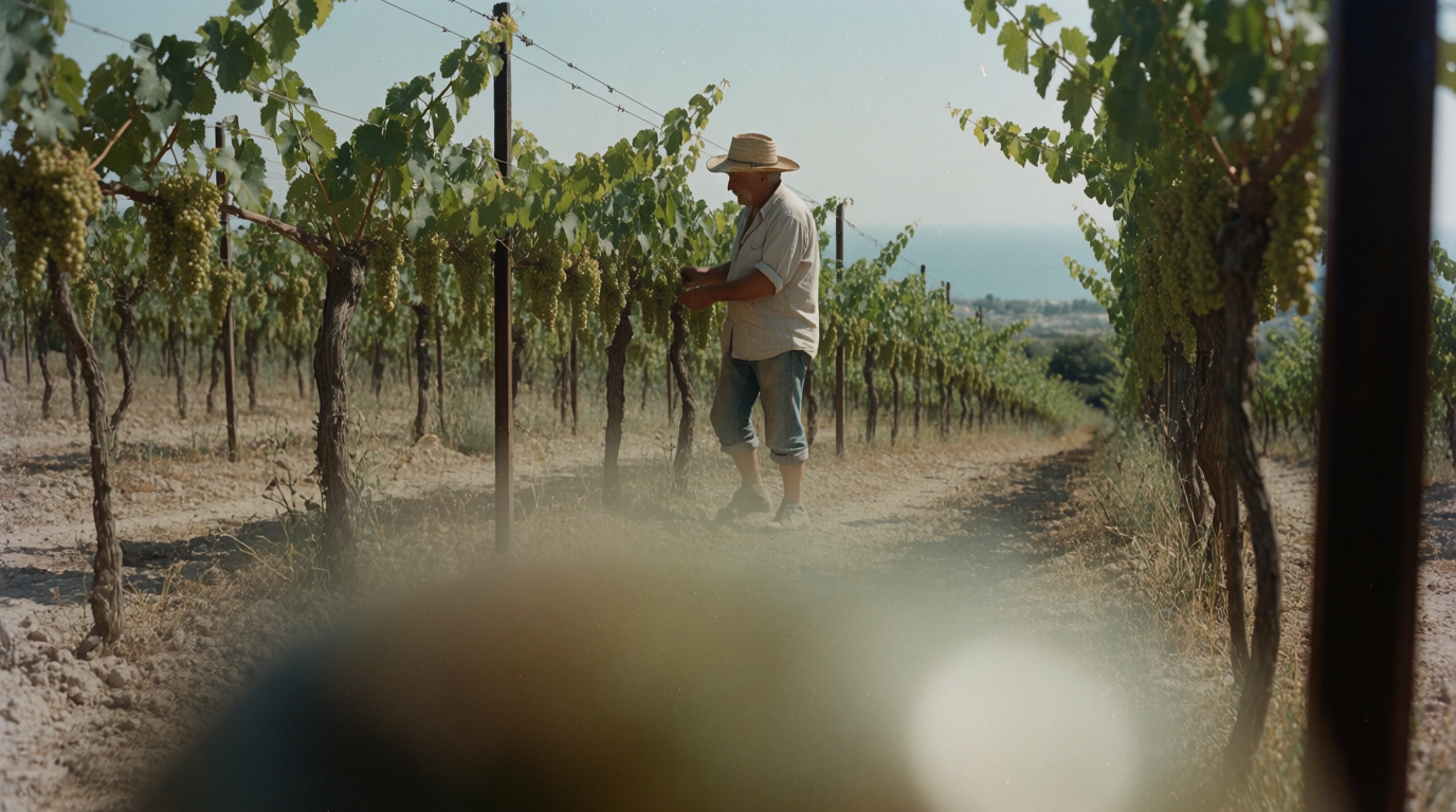 A grower checking grapevines on a hillside above Manilva with the sea beyond