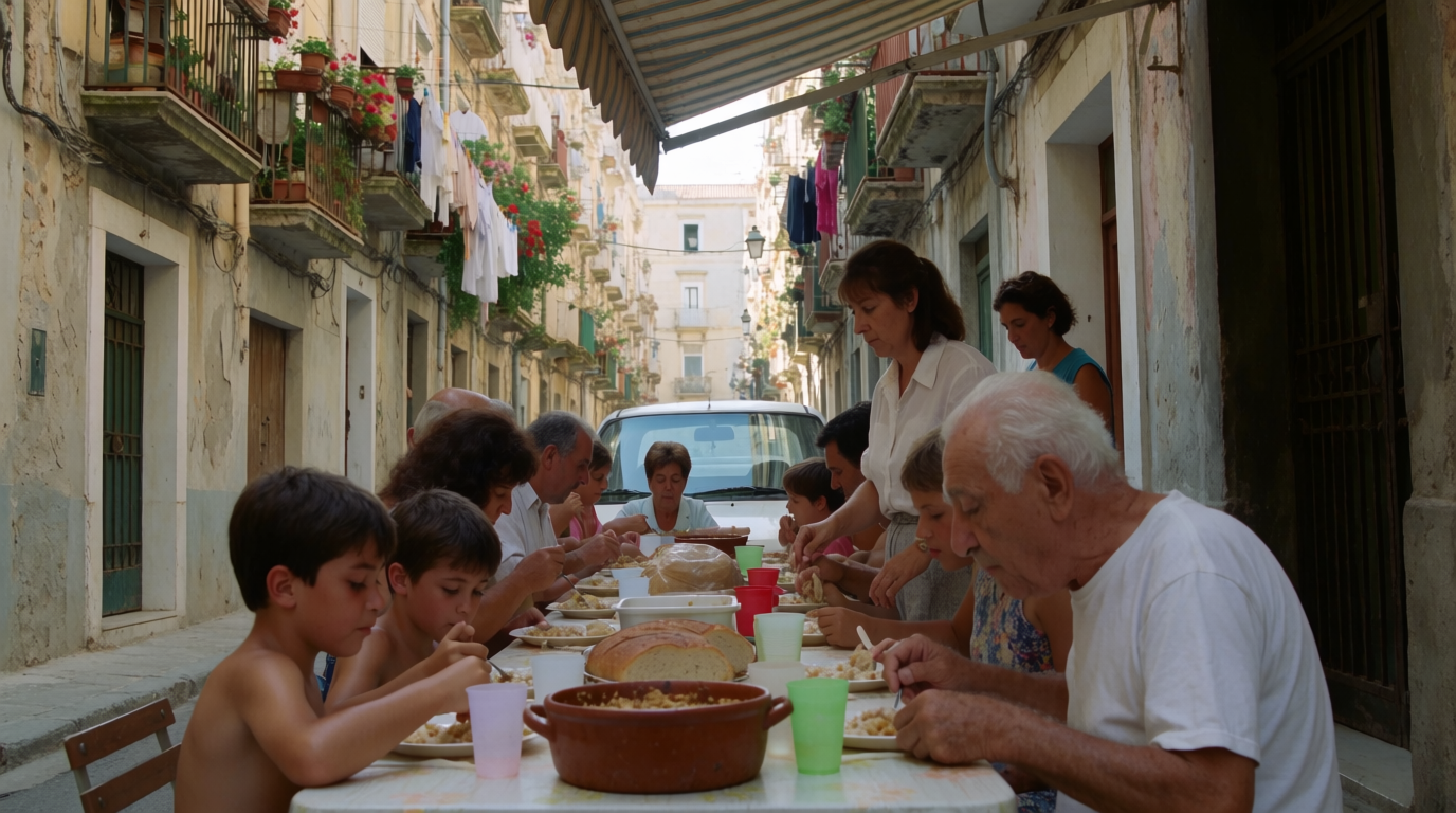 Neighbours sharing a long lunch at a street table during the Hogueras in an Alicante barrio