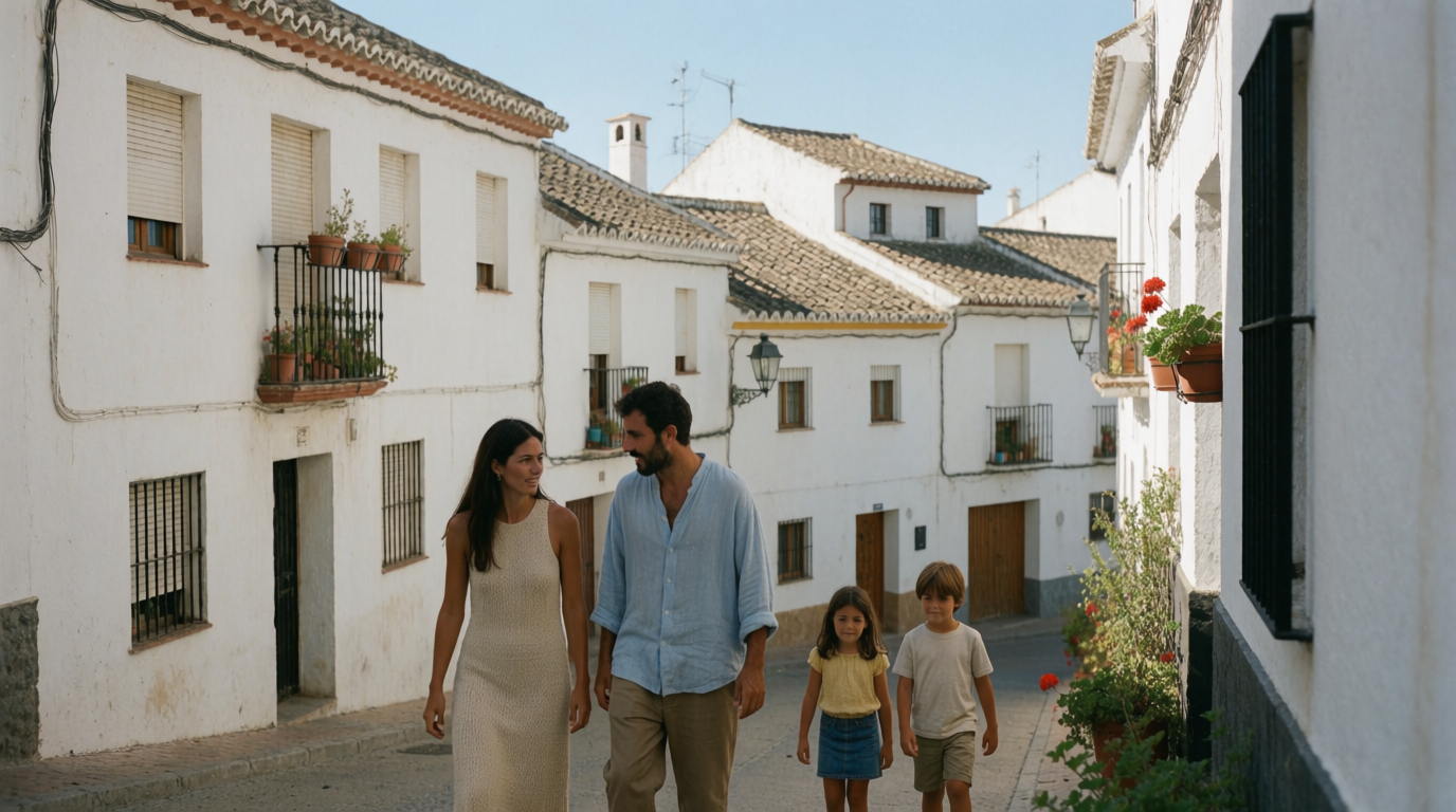 Eine Familie geht eine weiß getünchte Gasse in Benalmádena Pueblo hinauf